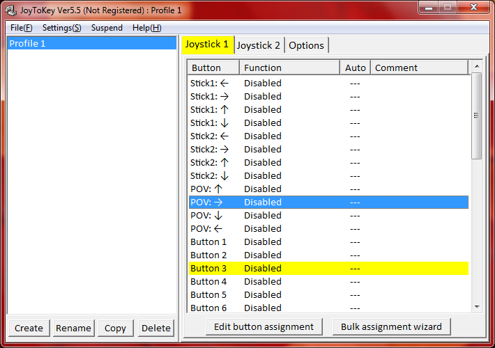 Programmfenster von JoyToKey mit einer Liste aller belegbaren Tasten Programmfenster von JoyToKey mit einer Liste aller belegbaren Tasten