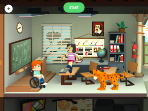 Screenshot der App "Toontastic 3D" zu sehen sind drei Charaktere in einem virtuellen Klassenzimmer.