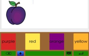 Screenshot einer mit Abilipad erstellten Tastatur: Zu sehen ist eine lilafarbene Pflaume im Schreibraum, darunter 4 große Tasten in den Farben (und mit den Wörtern): purple, red, yellow, orange
