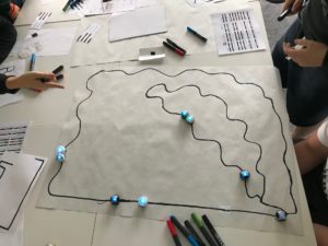 Papierfläche mit aufgemalten Ozobot-Bahnen und Ozobots