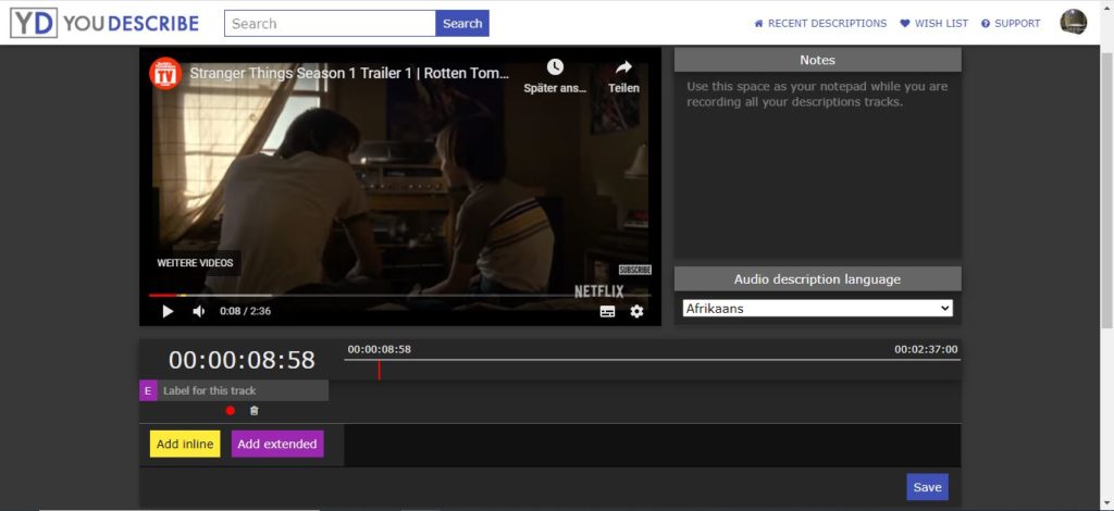 Editor von YouDescribe, links ein YouTube Video, rechts ein Notizbereich, unten eine leere Audiospur