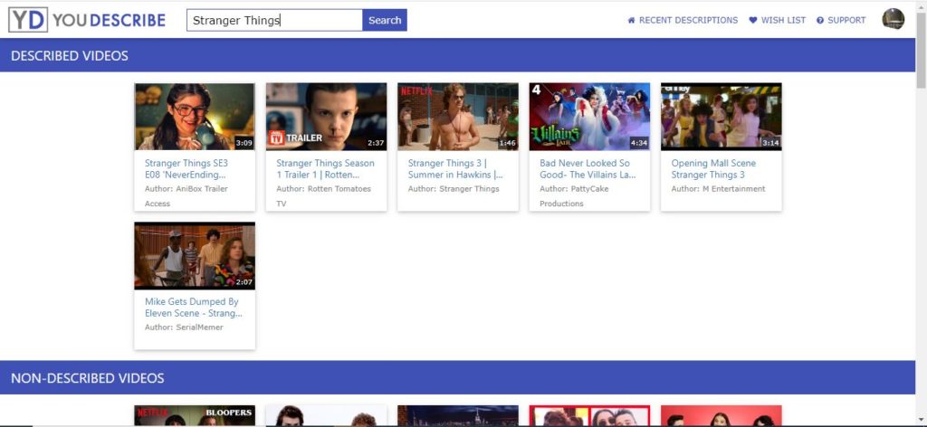Bildschirmaufnahme der Plattform YouDescribe, oben Suchleiste mit eingegebenem Suchbegriff, darunter Videos in der Kategorie beschriebene Videos, darunter die Kategorie nicht beschriebene Videos