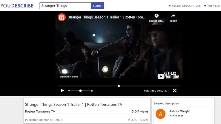 Bildschirmaufnahme der Plattform YouDescribe, ein YouTube Video, darunter der Titel und weitere Informationen