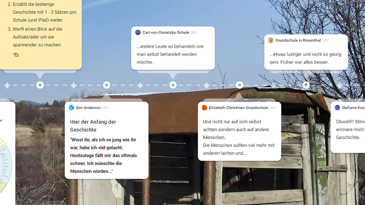 Ausschnitt einer mit Padlet erzählten Geschichte im Timeline-Format