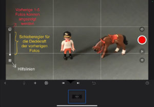 Oberfläche der Stop Motion Studio Pro App: Erklärung der Funktionen Hilfslinien, Schieberegler für Deckkraft, Anzeige vorherige Fotos