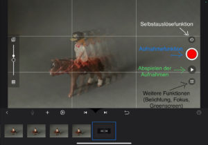 Oberfläche von Stop Motion Studio Pro: Erklärung der Buttons Selbstauslösefunktion, Aufnahmefunktion, Abspielen der Aufnahme und weitere Funktionen (Belichtung, Fokus, Greenscreen)