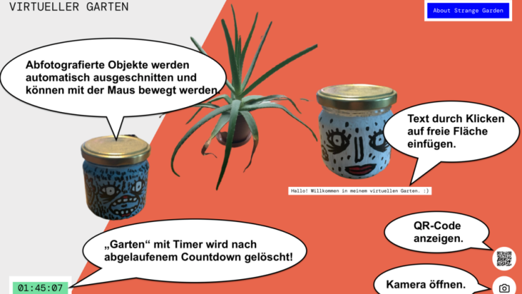 Screenshot eines "Gartens" mit einigen Objekten. Unten links befindet sich der Timer. Unten rechts sind Buttons um die Kamera oder den QR-Code aufzurufen.