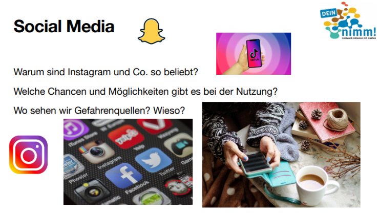 Präsentationsfolien mit Fragen: Warum sind Instagram und Co. so beliebt? Welche Chancen und Möglichkeiten gibt es bei der Nutzung? Wo sehen wir Gefahrenquellen? Wieso?