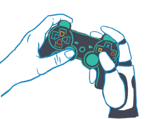 illustration von zwei Händen. eine Hand besteht aus einer Handprothese. In den Händen ein Gaming-Kontroller