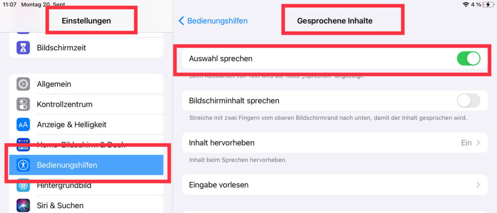 Aktivierung der in iOS-Geräte integrierten Bedienungshilfe Auswahl sprechen über die Einstellungen