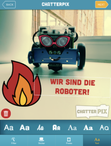 Screenshot aus Chatterpix: In einem letzten Schritt können Filter, Sticker, Rahmen oder Text zum Foto hinzugefügt werden.