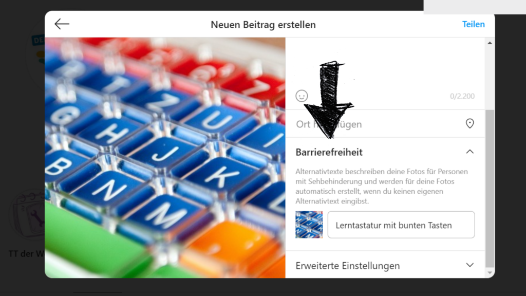 Screenshot der Alternativtext-Funktion im Browser von Instagram