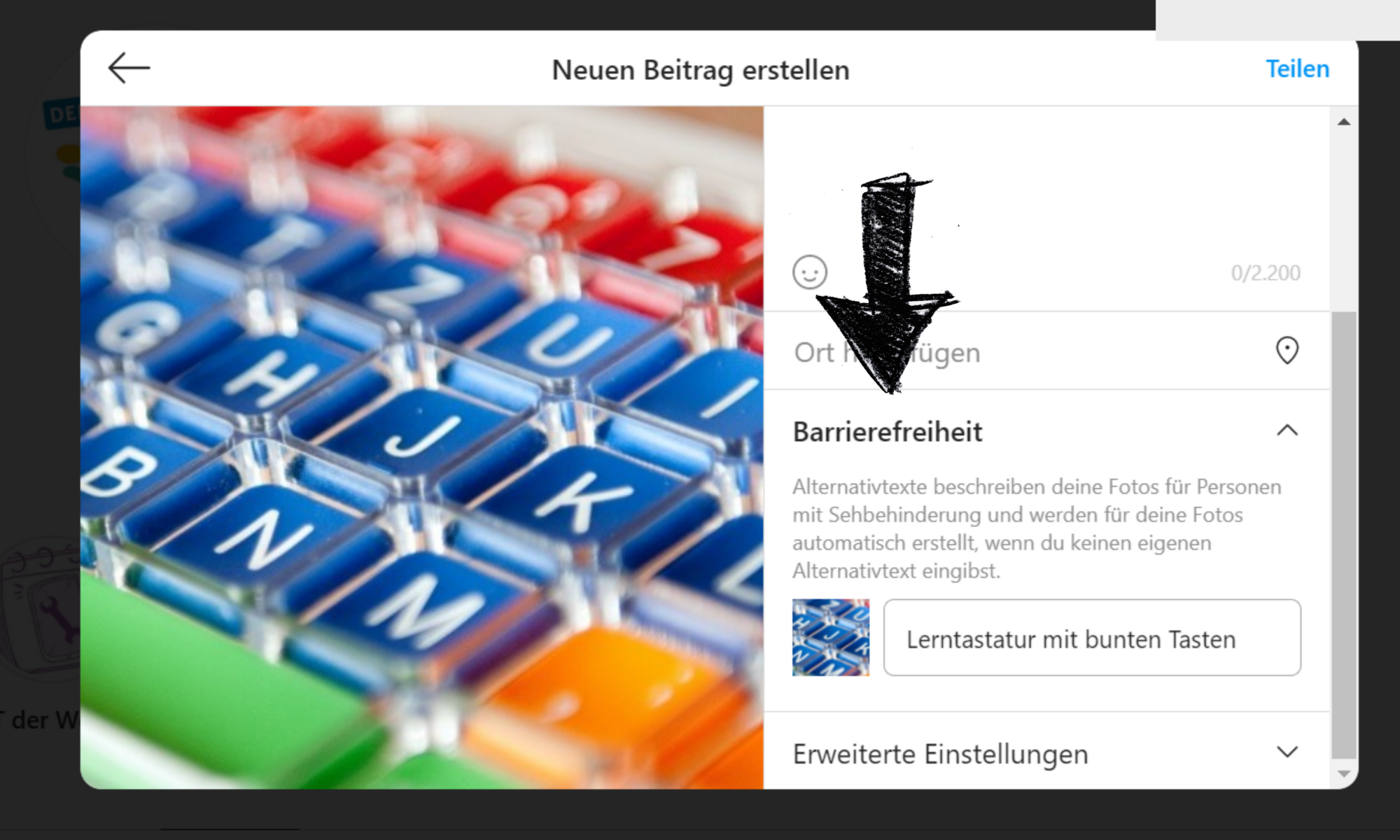 Screenshot der Alternativtext-Funktion im Browser von Instagram