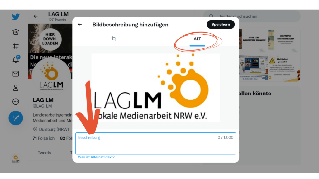 Screenshot Twitter Einstellen eines Alternativtextes