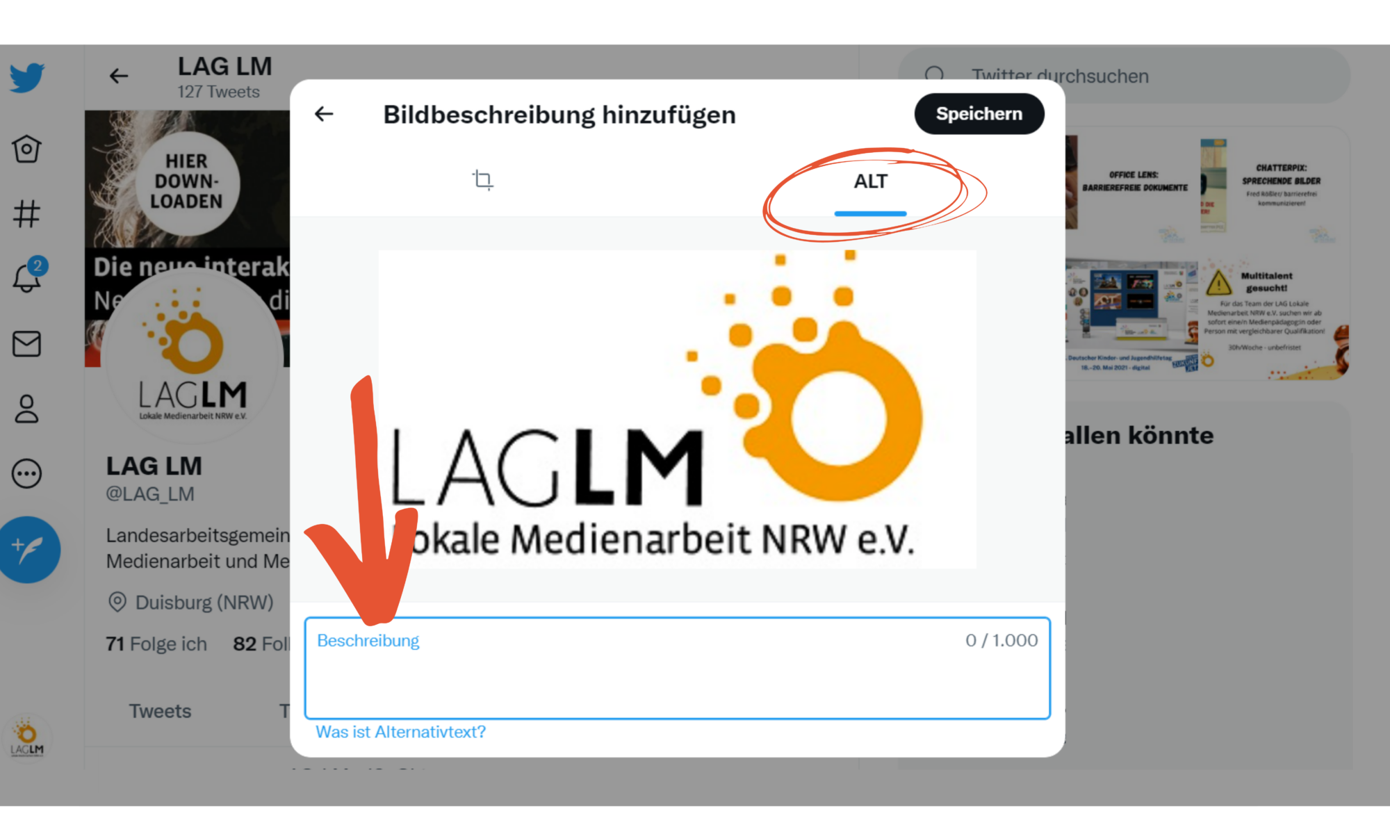 Screenshot Twitter Einstellen eines Alternativtextes