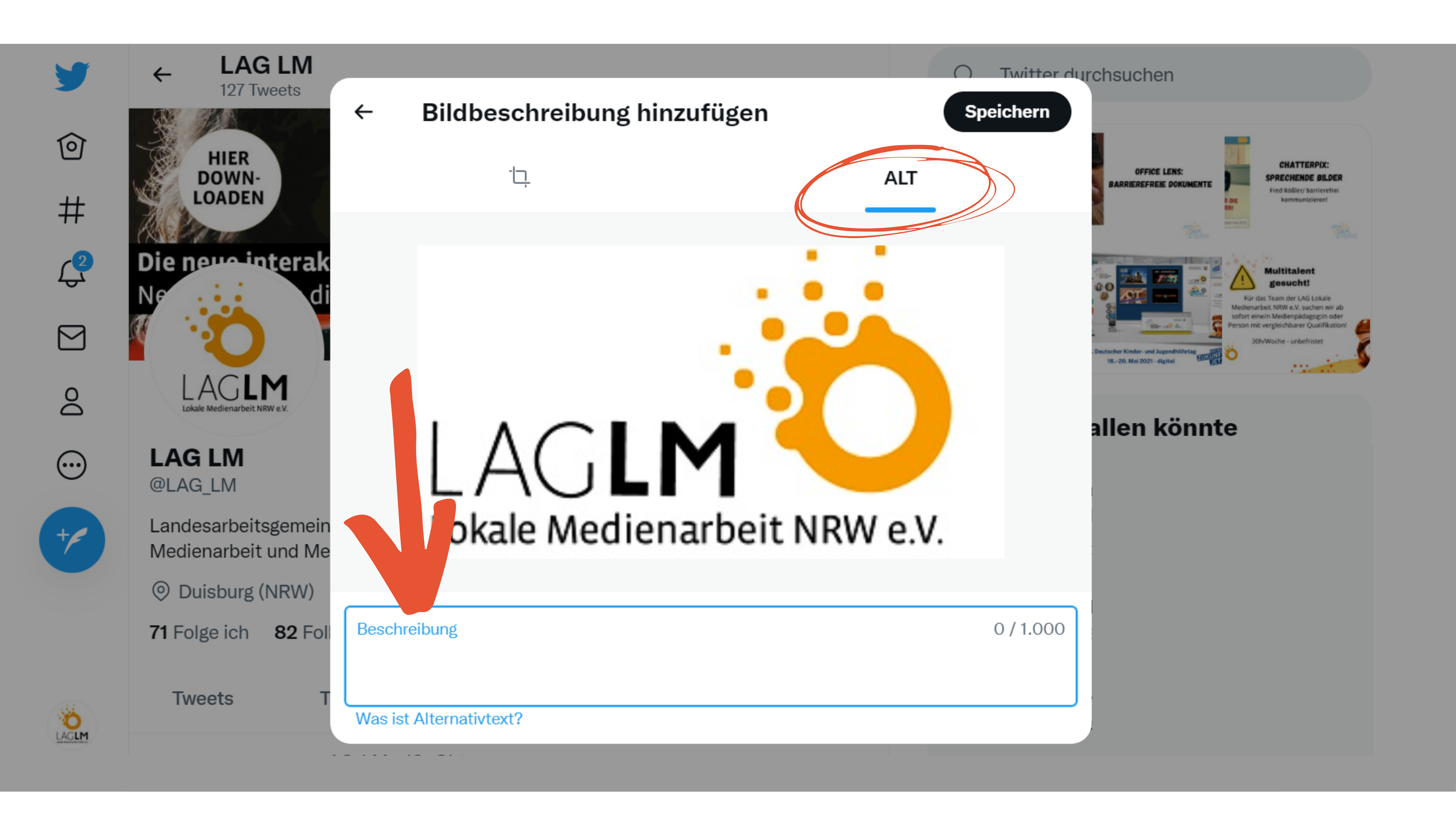 Screenshot Twitter Einstellen eines Alternativtextes
