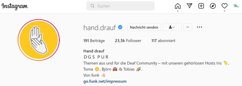 Screenshot des Profils Hand Drauf auf Instagram