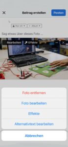 Screenshot der Facebook-App. Untermenü für den Alternativtext ist aufgeklappt.