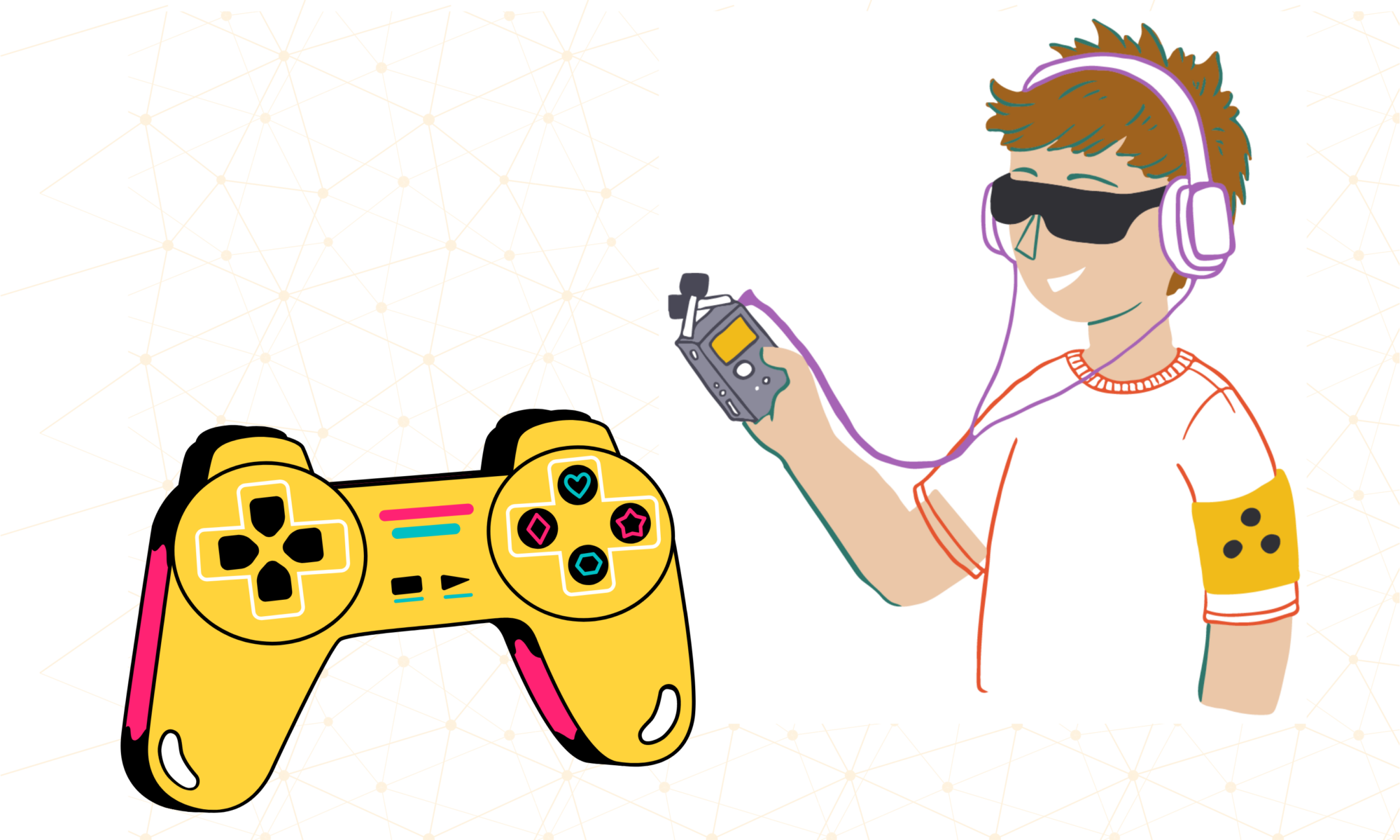 Illustration von einem Gaming-Controller und einer Person mit Blinden-Armbinde und einem Aufnahmegerät