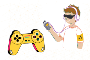 Illustration von einem Gaming-Controller und einer Person mit Blinden-Armbinde und einem Aufnahmegerät