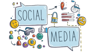 Illustration von Emojis, Einem Rollstuhl, einem Schloss, einer VR-Brille und weiteren kleinen Elementen. In großen Sprechblasen steht "Social Media"