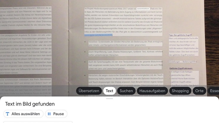 Screenshot von Google Lens: Bei einem fotografierten Text wurden die Textabschnitte erkannt und können vorgelesen, übersetzt und geteilt werden.