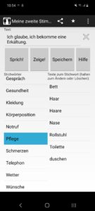 Screenshot der App Meine zweite Stimme: Aktiviert ist die Kategorie Pflege mit den Stichwörtern Bett, Haar, Nase, Rollstuhl, Toilette