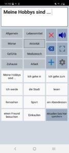 Screenshot der App SprachAssistant AAC mit Kategorien, Sätzen sowie den weiteren Funktionen der App