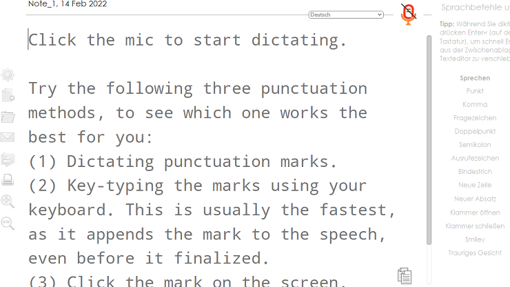 Screenshots des Text-zu-Sprache-Tools SpeechNotes im Browser. In englischer Sprache Infos, wie man Satzzeichen hinzufügt: Als Sprachbefehl, über Tippen oder über Anklicken des Satzzeichen-Befehls rechts im Bildschirm.