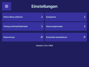 Screenshot der App Vocable: Die Einstellungsmöglichkeiten "Meine Sätze editieren", "Kategorien", "Timing und Empfindlichkeit", "Steuerungsmodus"