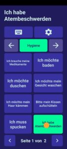 Screenshot der App Vocable: Die Kopfsteuerung ist aktiviert, ausgewählt ist der Satz "ich habe Atembeschwerden"