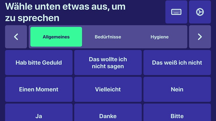 Oberfläche der App Vocable: Die Kategorie "Allgemein" ist ausgewählt, Sätze wie "Hab bitte Geduld", "das wollte ich nicht sagen", "das weiß ich nicht", "Einen Moment", "vielleicht", "nein", "ja", "Danke", "Bitte" können ausgewählt werden