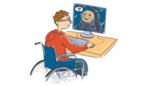 Comiczeichnung: Jugendliche Person im Rollstuhl vor Computerbildschirm, auf dem eine andere Person mit Sprechblase mit Herzchen zu sehen ist