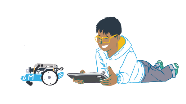 Comiczeichnung: Auf dem Boden liegendes Kind, das mit einem Tablet ein Robotikfahrzeug steuert