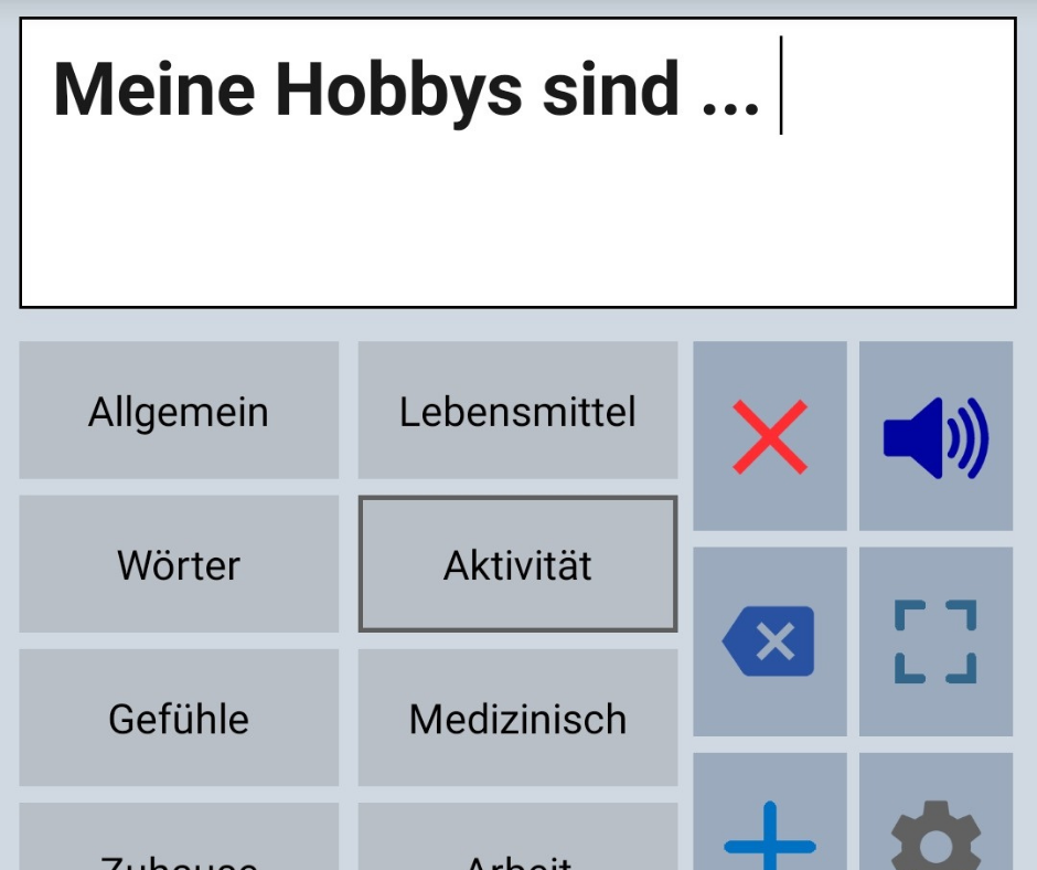 Screenshot der App SprachAssistant AAC mit Kategorien, Sätzen sowie den weiteren Funktionen der App