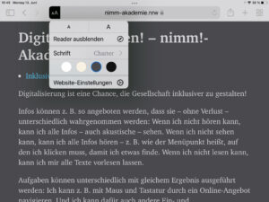 Seite der nimm!-Akademie mit aktivierter Readeransicht. Einstellbar ist Textgröße, Schriftart und die Kombination aus Text- und Hintergrundfarbe.