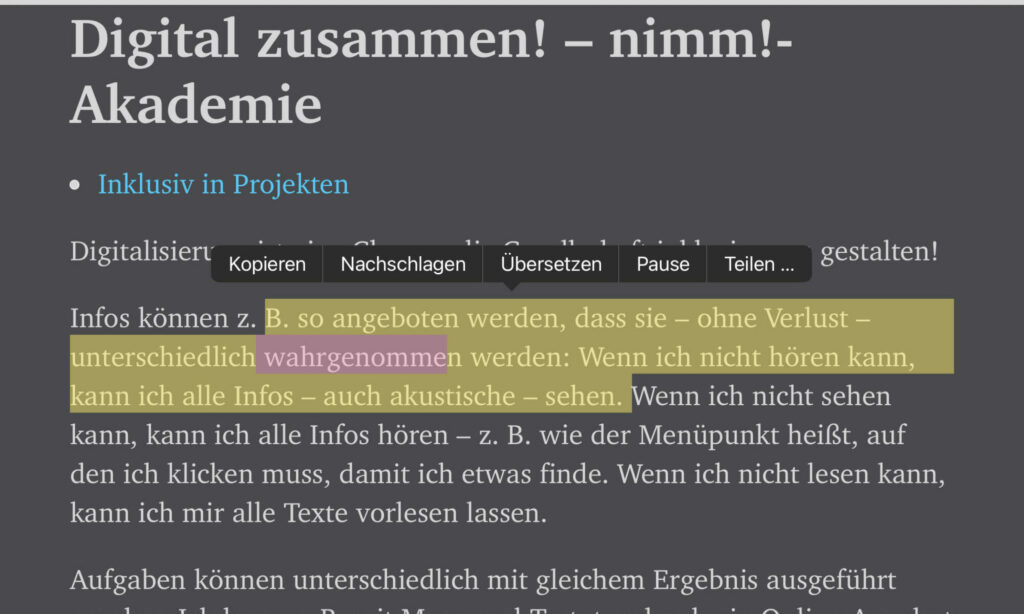 Readerdarstellung im Safari-Browser: Webseite der nimm!-Akademie ohne Bilder mit weißer Schrift auf schwarzem Hintergrund, die Vorlesefunktion ist aktiv