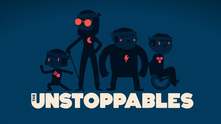 Startbildschirm der App "The Unstoppables": Die vier Freunde in Superheldenpose als dunkle Schatten vor dunklem Hintergrund