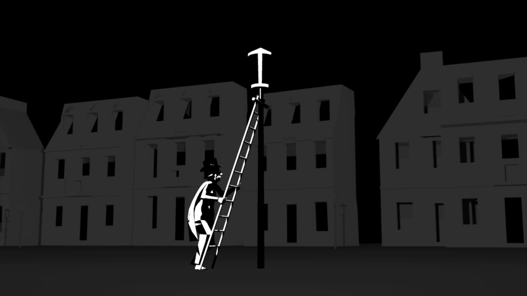 Schwarz-Weiß Animation. Leiter lehnt an Straßenlaterne. Eine Person klettert die Leiter hinauf.