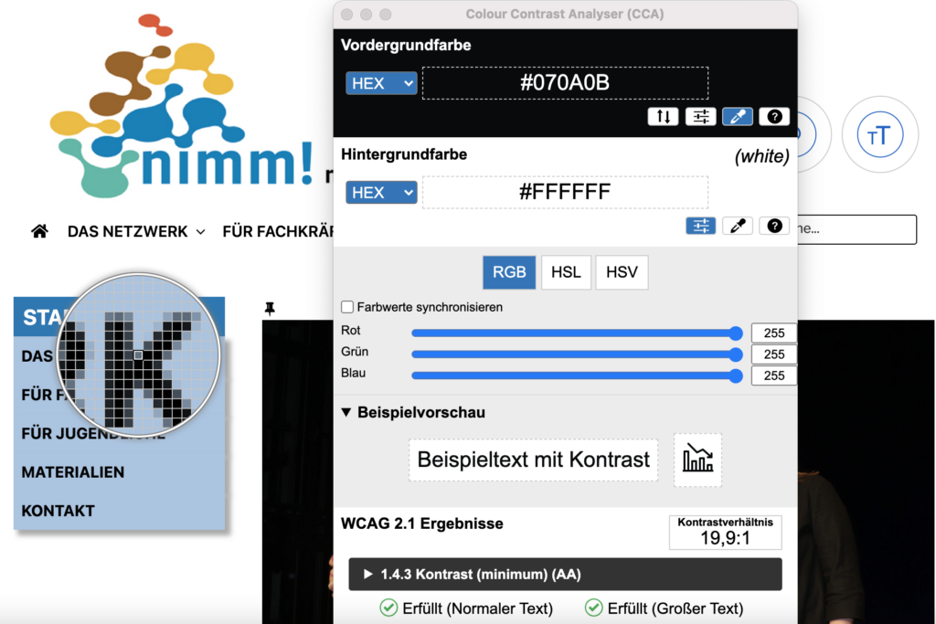 Test des nimm!-Blogs mit dem Test-Tool Colour Contrast Analyzer