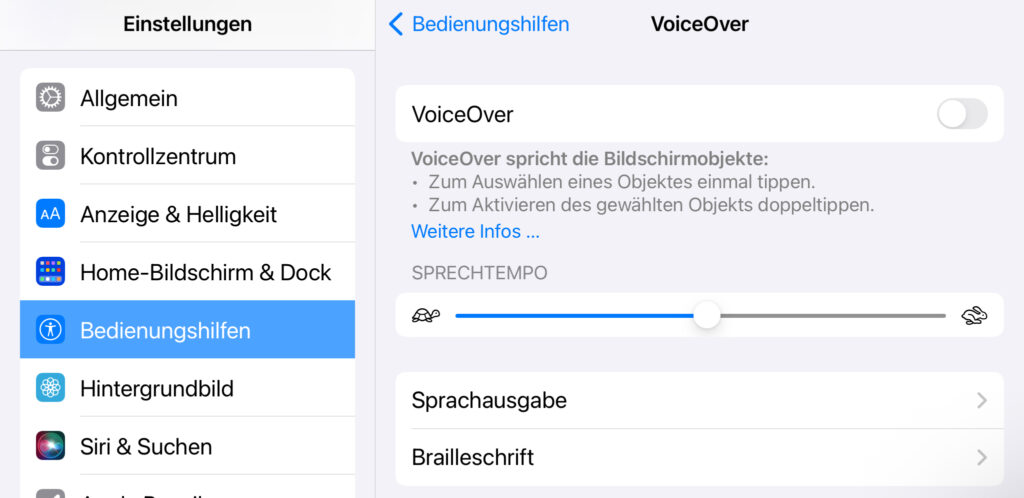 Screenshot iOS-Einstellungen: Angezeigt wird die Option den Screenreader VoiceOver in den Bedienungshilfen zu aktivieren