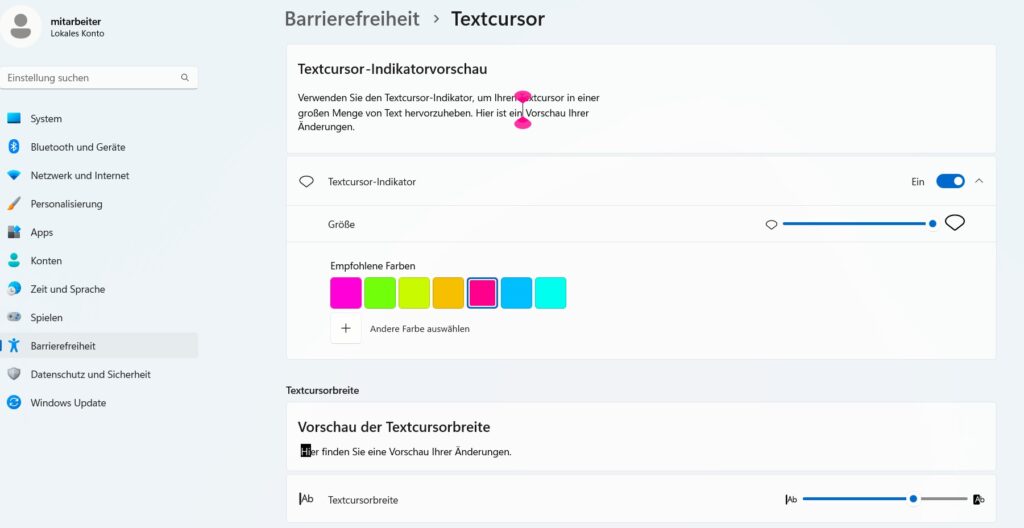 Screenshot der Windows 11-Einstellungen: Anpassung der Darstellung des Textcursors