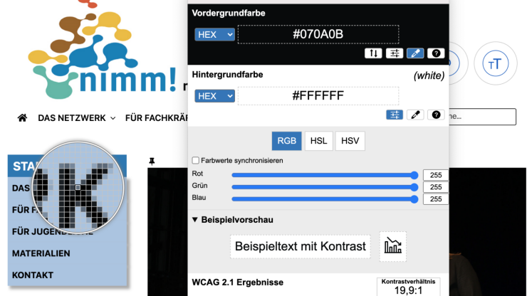 Die Kontraste des nimm!-Blogs werden mit dem Colour Contrast Analyzer geprüft