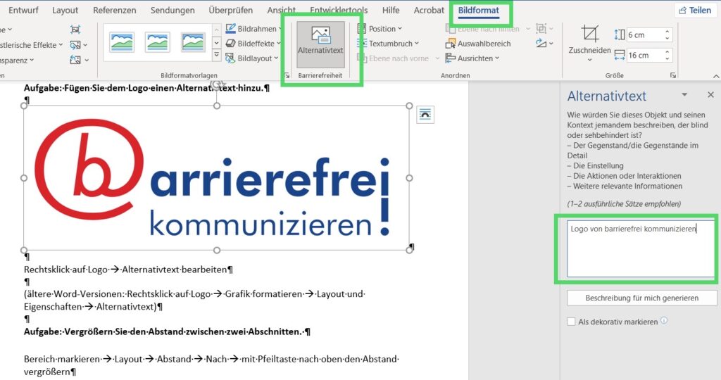 Screenshot von Word: Logo ist markiert und der Reiter Bildformat geöffnet, wo man die Option Alternativ-Text findet. Das Logo wurde mit dem Alt-Text "Logo von barrierefrei kommunizieren!" beschrieben.