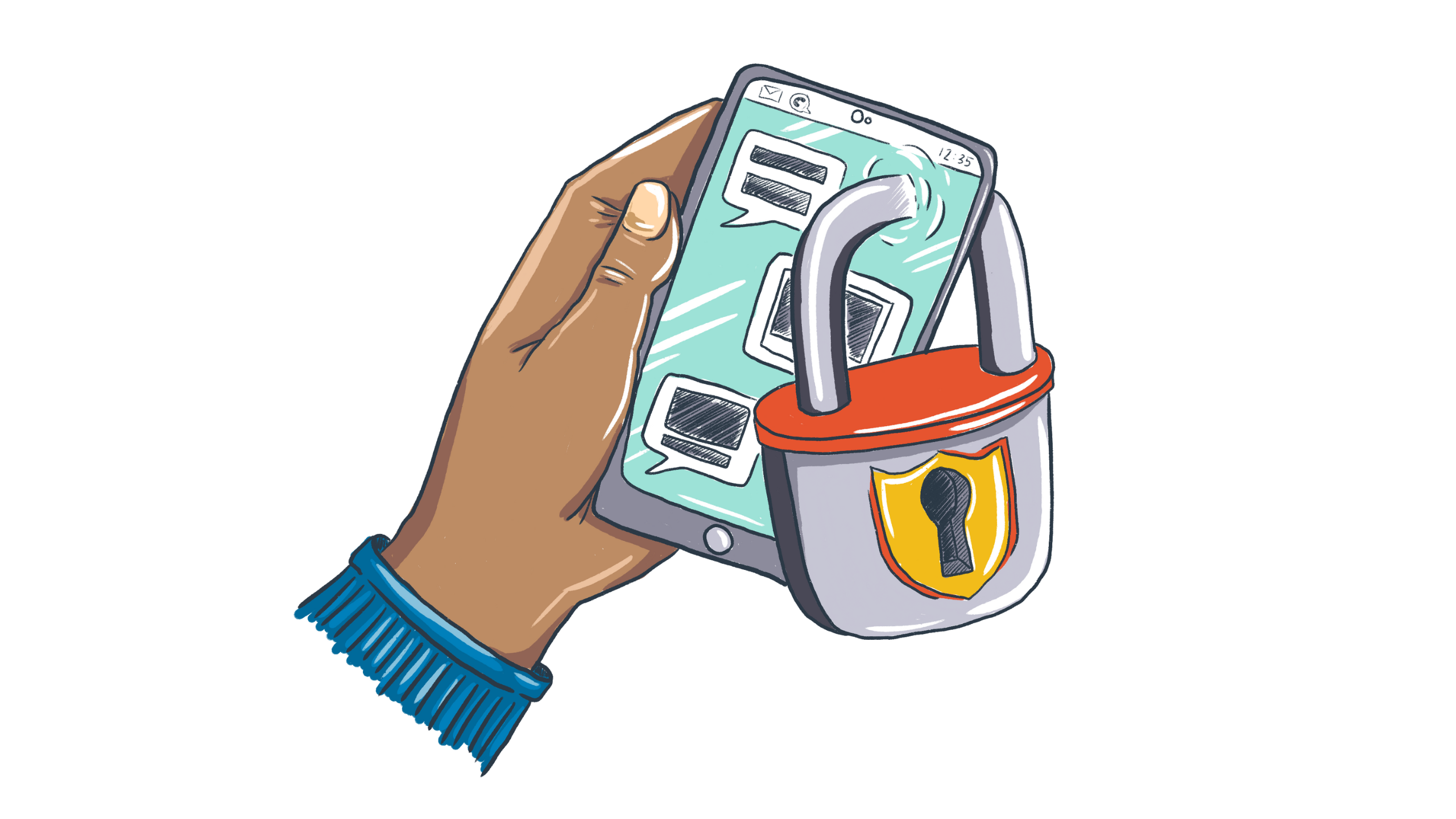 Illustration: Hand hält Smartphone. Durch das Smartphone hängt ein Vorhängeschloss