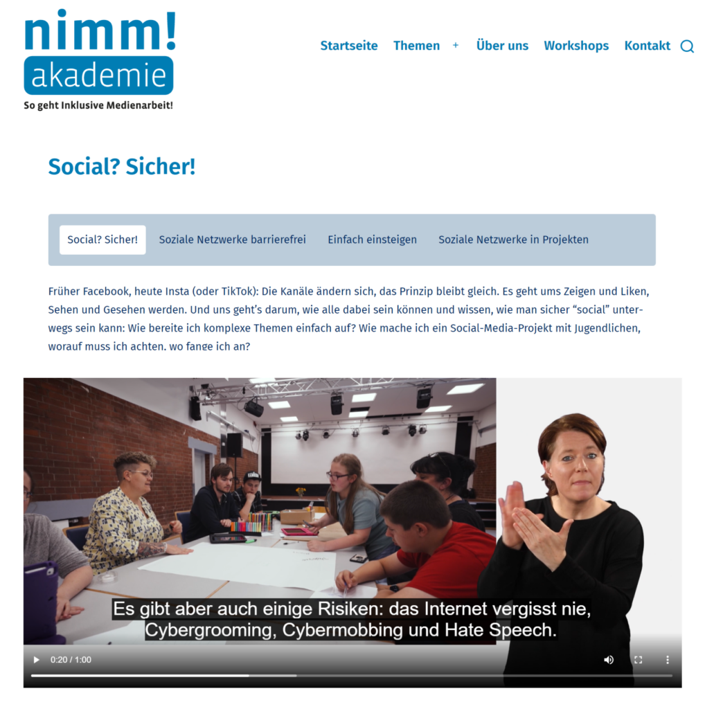 Screenshot Der nimm!-Akademie. Themenbereich Social? Sicher! 