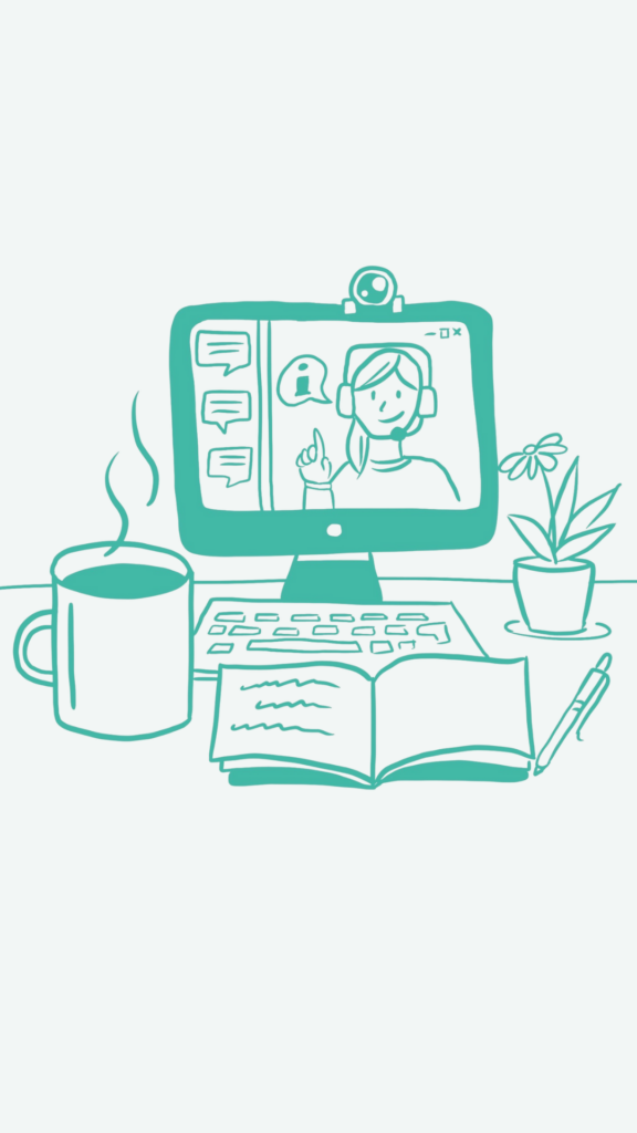 Illustration: Computerbildschirm auf einem Tisch. Auf dem Bildschirm Illustration einer Videokonferenz vor dem Bildschirm ein Notizheft, Stift und eine Tasse