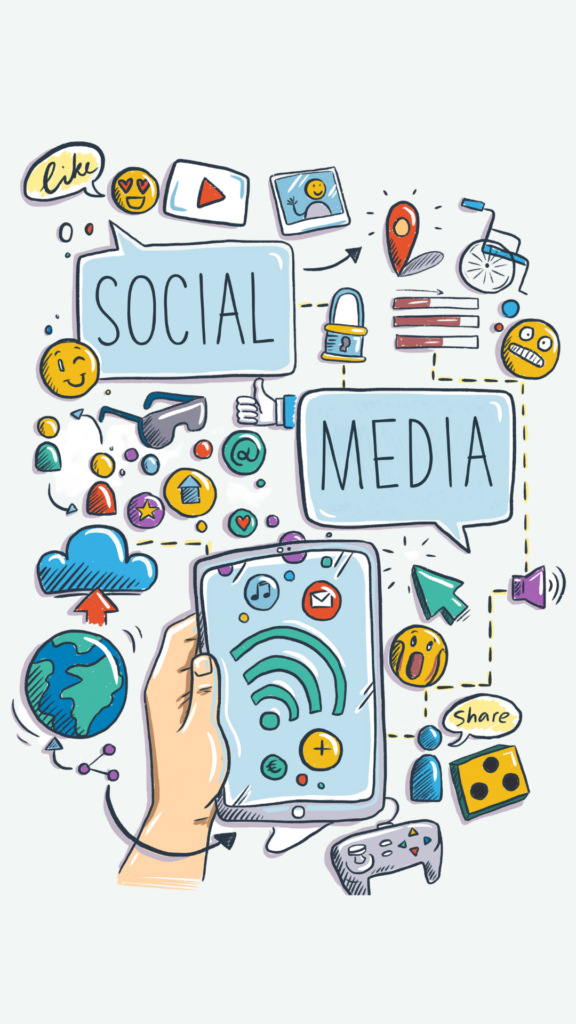 Kleine Illustrationen: Rollstuhl, Emojis VR-Brille. In der Mitte Social Media