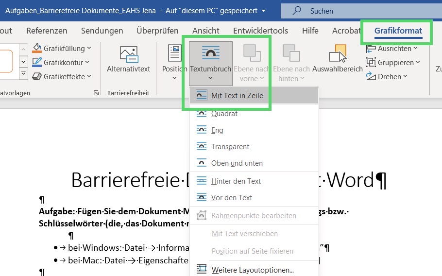 Screenshot von Word: Aktiviert ist der Reiter "Grafikformat". HIer findet z. B. die Layoutoptionen und muss für barrierefreie Dokumente die Option "Mit Text in Zeile" auswählen