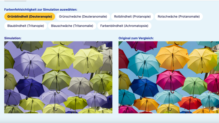 Farbfehlsichtigkeitssimulation: Zwei Bilder von bunten Regenschirmen im Vergleich
